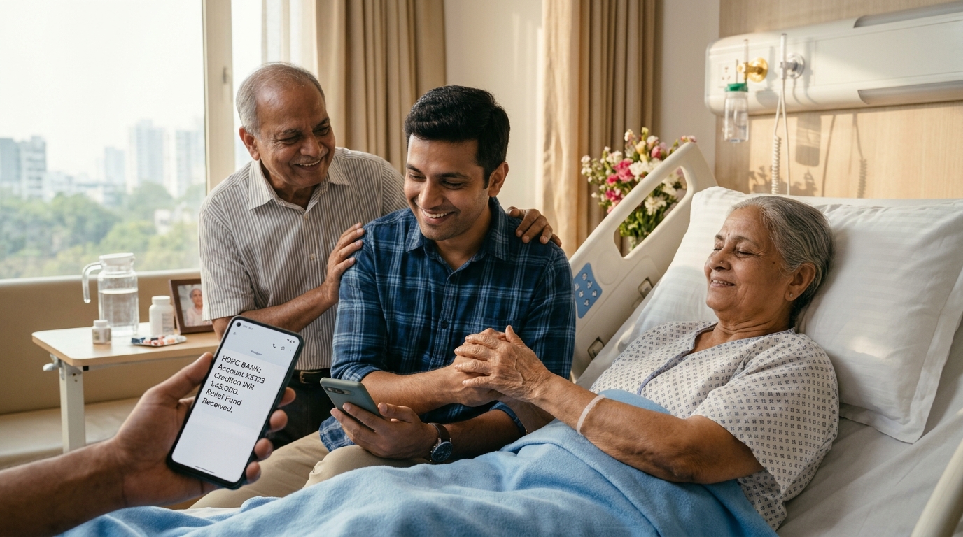 Relieved son smiling with elderly parents in hospital room after medical treatment