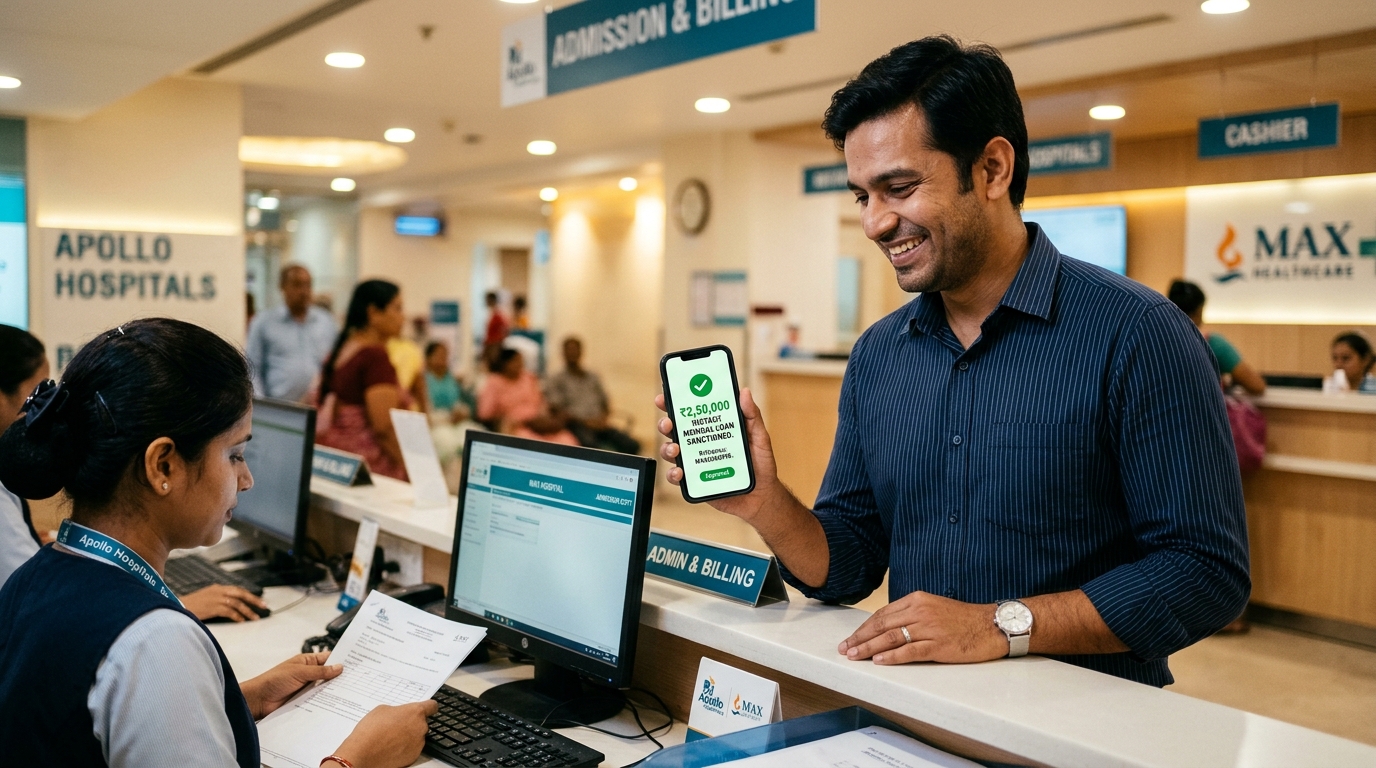 Salaried person paying medical bills smoothly on phone at hospital billing counter
