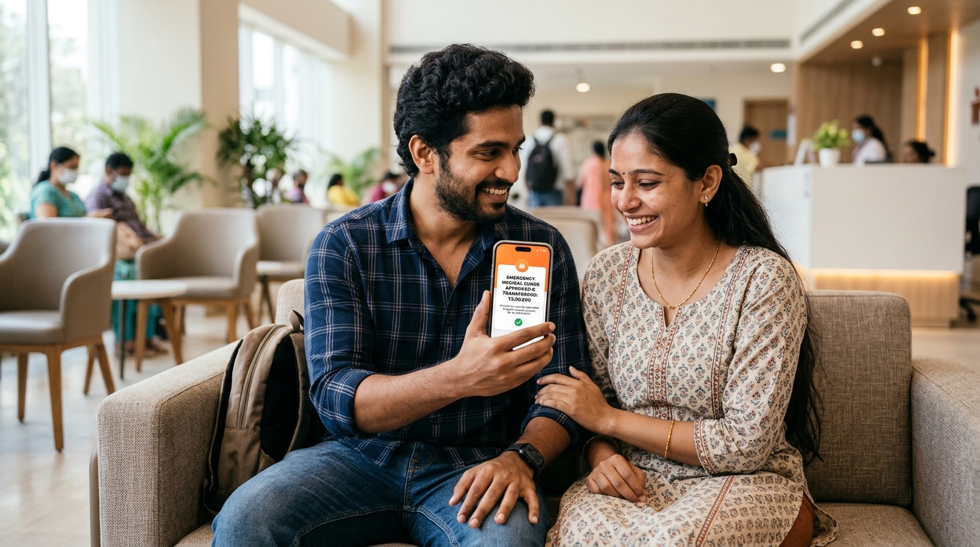 Patient and family member checking sanctioned emergency loan on smartphone in hospital ward