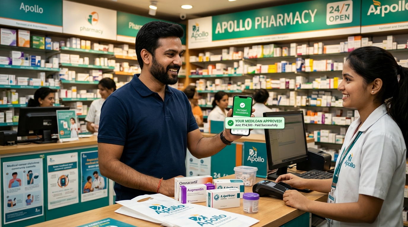 Salaried person paying for urgent medicines smoothly at pharmacy counter on smartphone